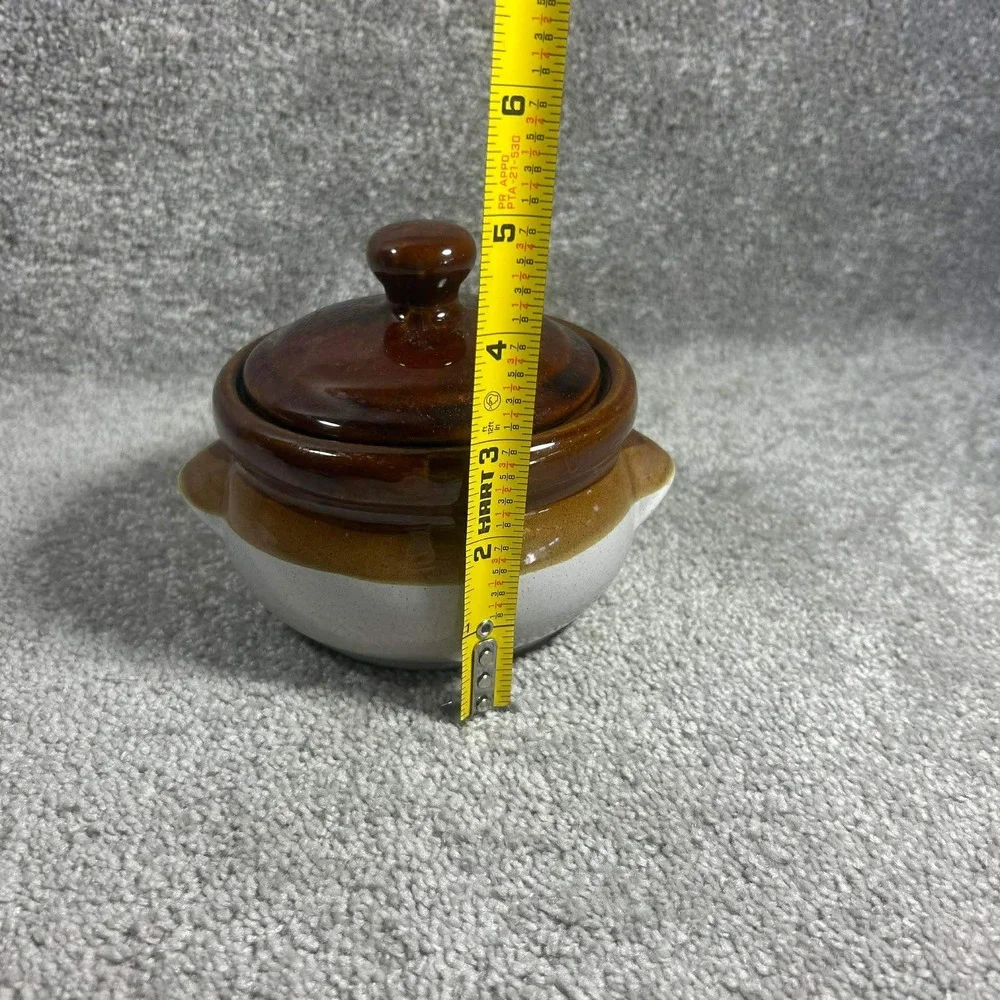 Bean Pot Brown Tan Cream Stoneware Mini Crocks Set of 2 with 1 Lid